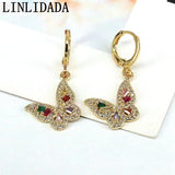 Gold Zircon Butterfly Earrings, Micro Pave Rainbow CZ Dainty Jewelry