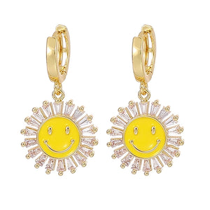 Smiley Face Dangle Drop Earrings Crystal Zircon Statement Jewelry Gift