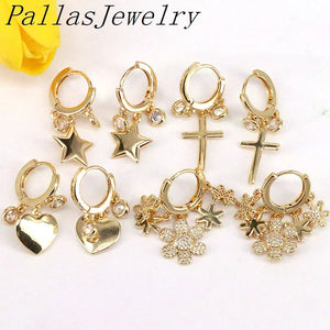 5Pairs CZ Women Plated Hoop Earrings Heart Cross Star Flower Charm