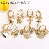 5Pairs CZ Women Plated Hoop Earrings Heart Cross Star Flower Charm