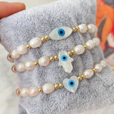 5Pcs Shell Heart Hamsa Hand Eye Fresh Water Pearl Bead Elastic Bracelet