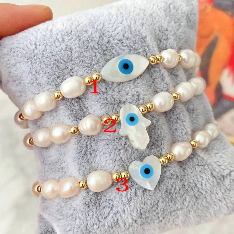 5Pcs Shell Heart Hamsa Hand Eye Fresh Water Pearl Bead Elastic Bracelet