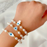 5Pcs Shell Heart Hamsa Hand Eye Fresh Water Pearl Bead Elastic Bracelet