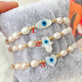 5Pcs Shell Heart Hamsa Hand Eye Fresh Water Pearl Bead Elastic Bracelet