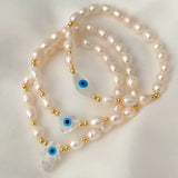 5Pcs Shell Heart Hamsa Hand Eye Fresh Water Pearl Bead Elastic Bracelet
