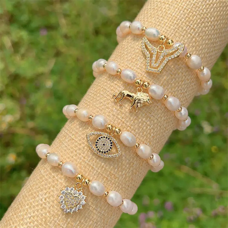5Pcs Natural Pearl Beaded Bracelet Zircon Heart Eye Charm Bracelets
