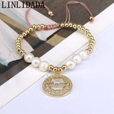 Women Pearl Beaded Bracelet with Mama Letter Pendant Charm