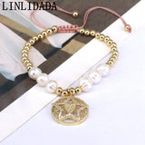 Women Pearl Beaded Bracelet with Mama Letter Pendant Charm
