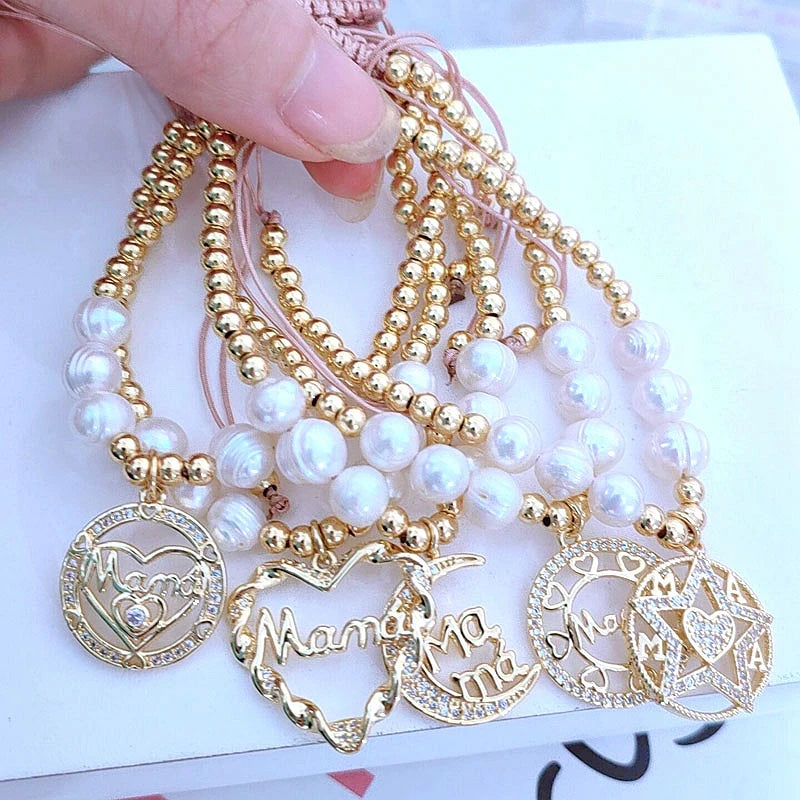 Women Pearl Beaded Bracelet with Mama Letter Pendant Charm