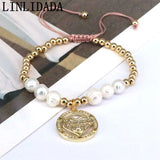 Women Pearl Beaded Bracelet with Mama Letter Pendant Charm