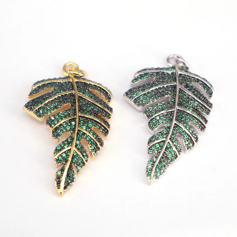 Green CZ Leaf Pendant, Micro Pave Charm Necklace Pendant