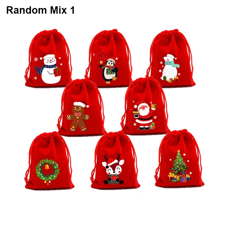 5Pcs 9x12cm Christmas Velvet Gift Bags Drawstring Pouch Xmas Candy Favor Bag