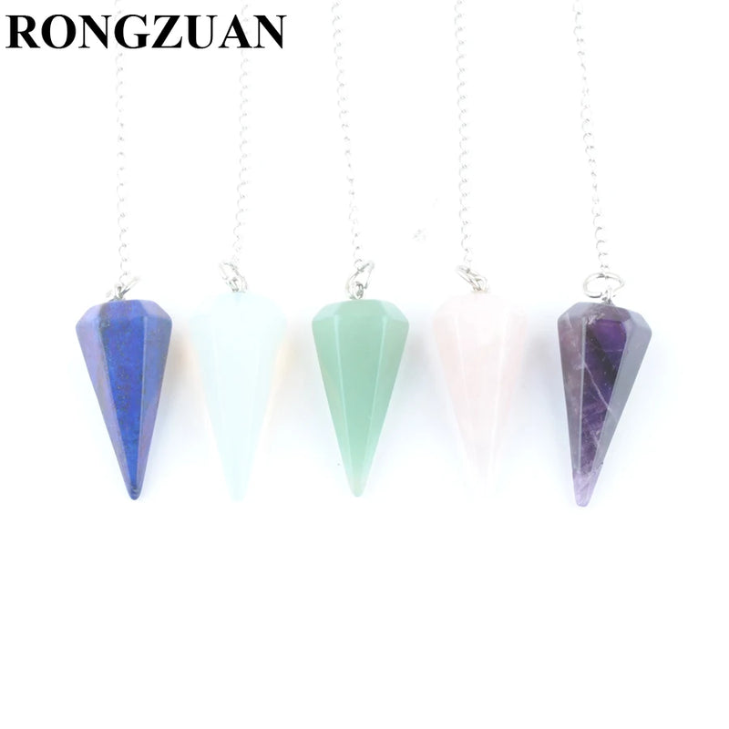 5Pcs Natural Healing Gem Stone Pyramid Hexagonal Pendulum Chain Pendant