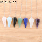 5Pcs Natural Healing Gem Stone Pyramid Hexagonal Pendulum Chain Pendant