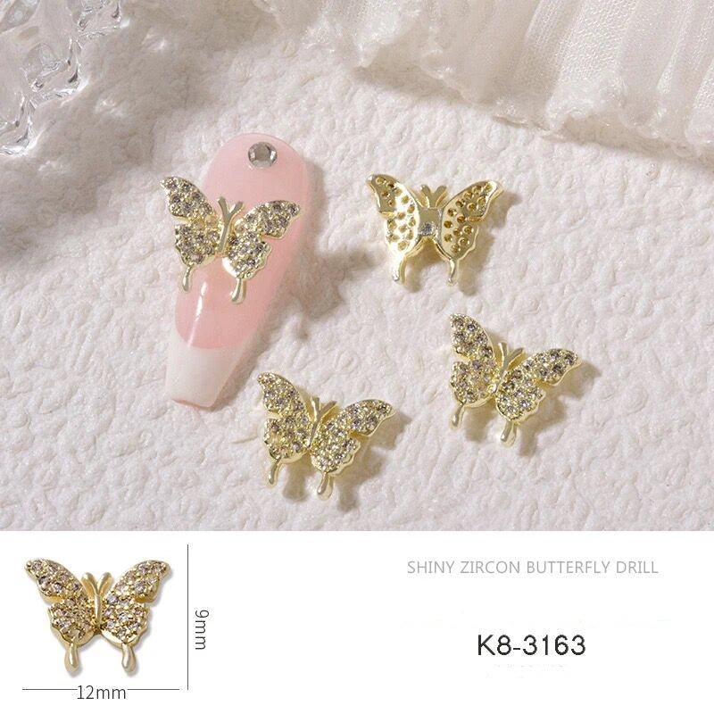 5Pcs Butterfly 3D Nail Art Charm Gold/Silver Zircon DIY Decoration