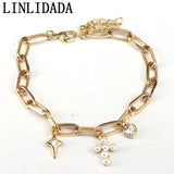 5Pcs CZ Micro Pave Lock Key/ Pearl Cross Charms Bracelet Chain Link Bracelets