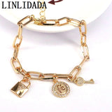 5Pcs CZ Micro Pave Lock Key/ Pearl Cross Charms Bracelet Chain Link Bracelets