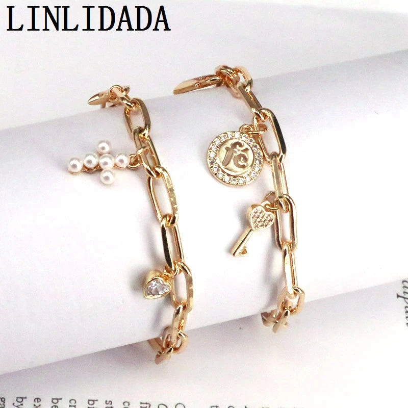 5Pcs CZ Micro Pave Lock Key/ Pearl Cross Charms Bracelet Chain Link Bracelets