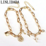 5Pcs CZ Micro Pave Lock Key/ Pearl Cross Charms Bracelet Chain Link Bracelets