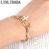 5Pcs CZ Micro Pave Lock Key/ Pearl Cross Charms Bracelet Chain Link Bracelets