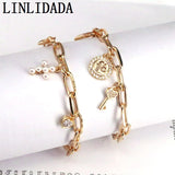 5Pcs CZ Micro Pave Lock Key/ Pearl Cross Charms Bracelet Chain Link Bracelets