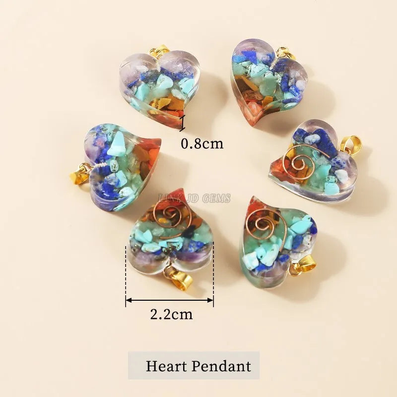 5Pcs Seven Chakra Healing Heart Pendant Necklace Crystal Gravel Stone
