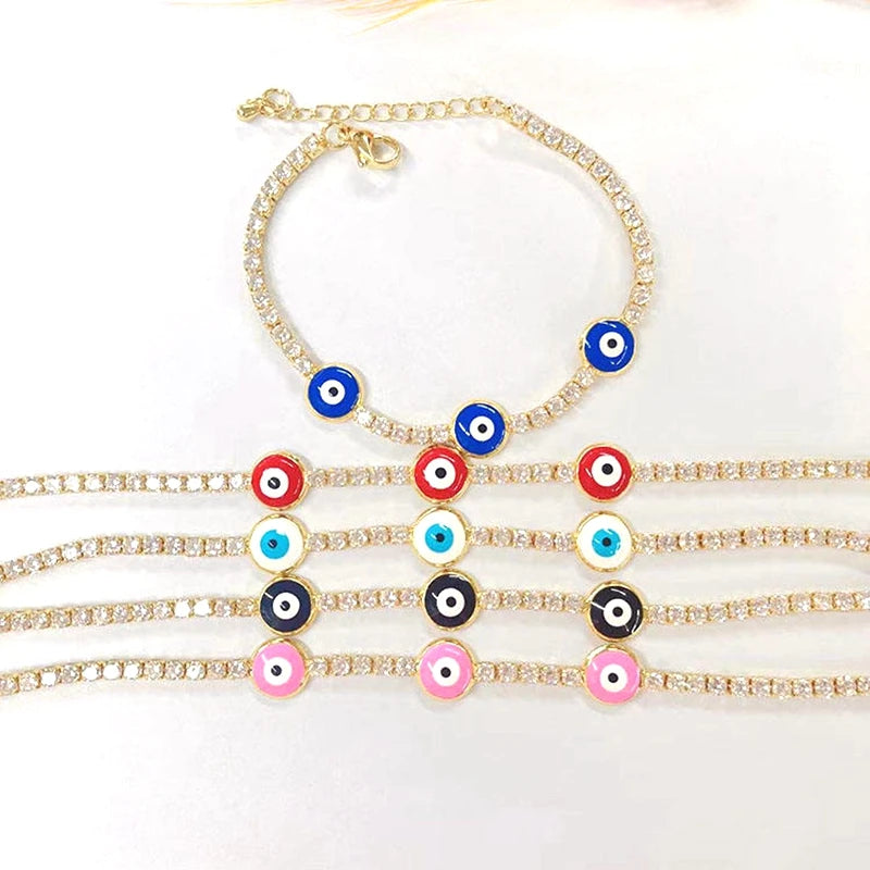 Rainbow Evil Eyes Charm CZ Tennis Bracelet Adjustable