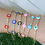 Rainbow Evil Eyes Charm CZ Tennis Bracelet Adjustable