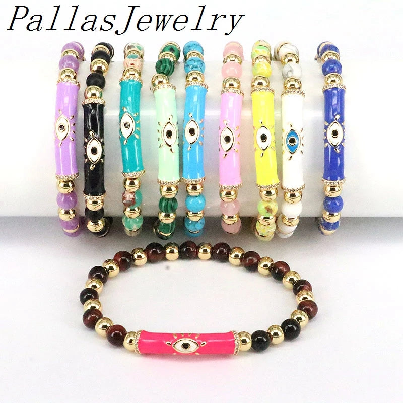 5Pcs Natural Stone Beaded Bracelets with Eye Charm for Women Men