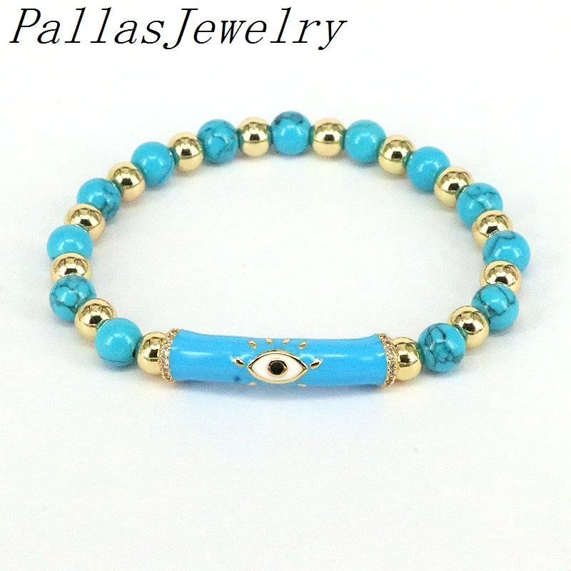 5Pcs Natural Stone Beaded Bracelets with Eye Charm for Women Men