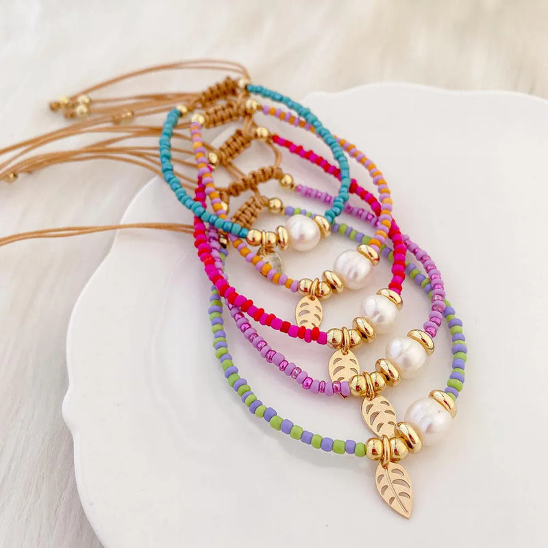 5Pcs Leaf Charm Bracelets Colorful Seed Beads Adjustable Rope Pulseras Femme