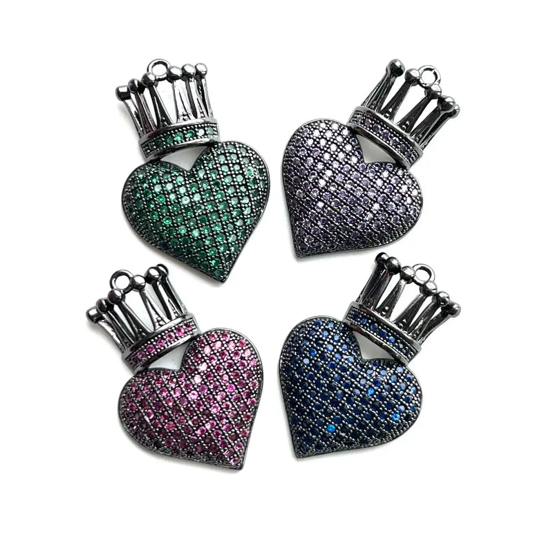 5Pcs CZ Pave Crown Heart Charms Plated Pendant For Jewelry Making