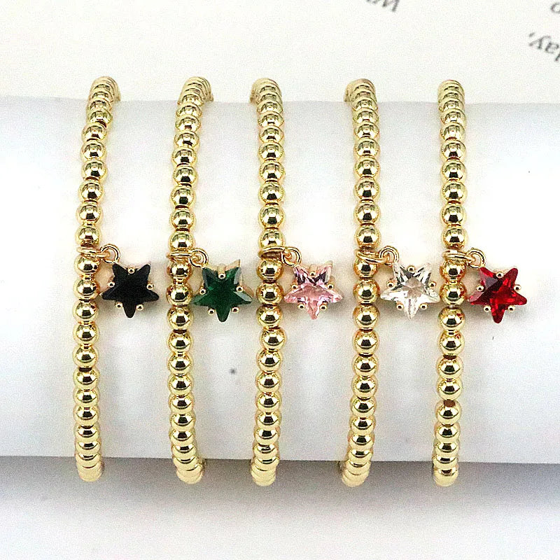 Colorful Zircon Star Charm Bracelet Round Bead Adjustable Chain Women Jewelry