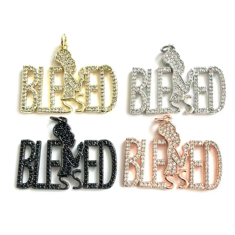 5Pcs CZ Pave Blessed Word Letter Charms for Jewelry Making