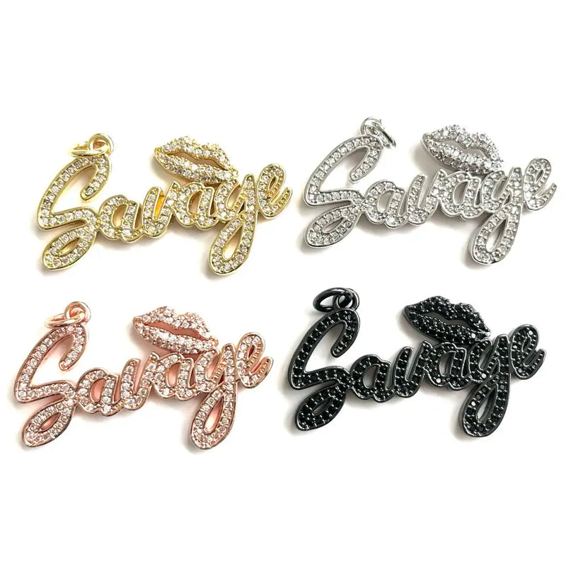 5Pcs CZ Pave Savage Word Charms Plated Letter Pendant For Jewelry Making