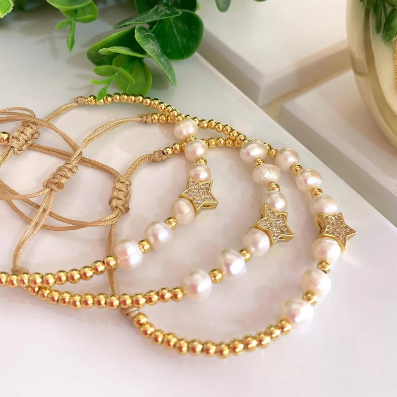 Cz Zircon Star Charm Bracelets with Natural Freshwater Pearls Beads