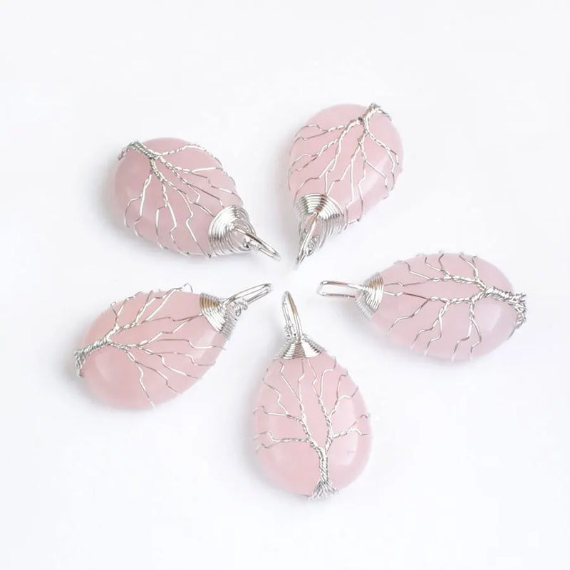 5Pcs Rose Quartz Stone Pendants Tree Of Life Charm Gemstone Jewelry Gift