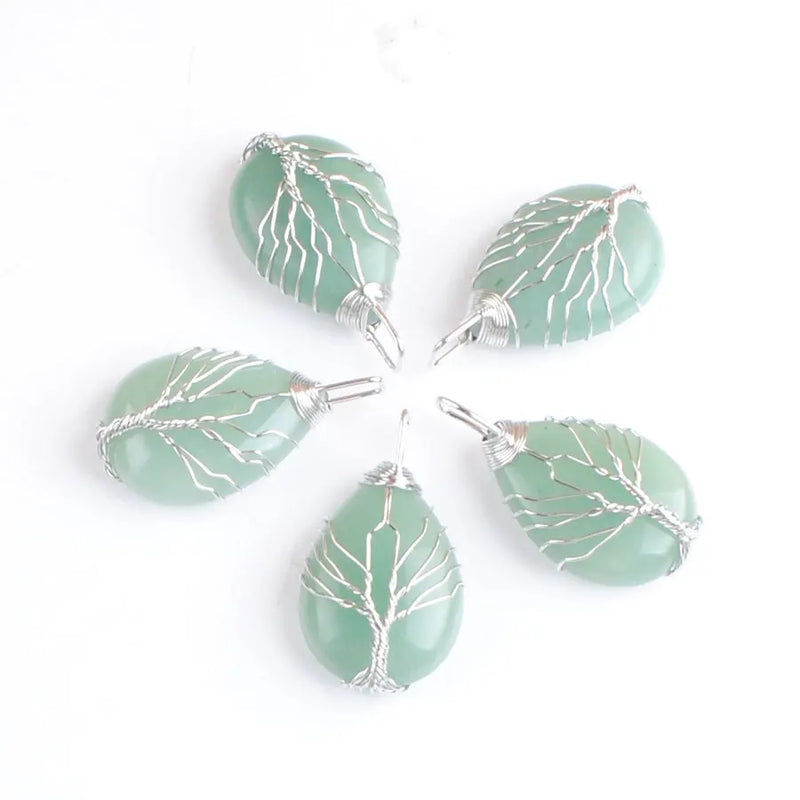 5Pcs Aventurine Tree Of Life Pendant Wire Wrapped Natural Gemstone