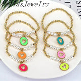 5Pcs Plated Pearl Beads Heart Elastic Bracelet Women's Jewelry Gift