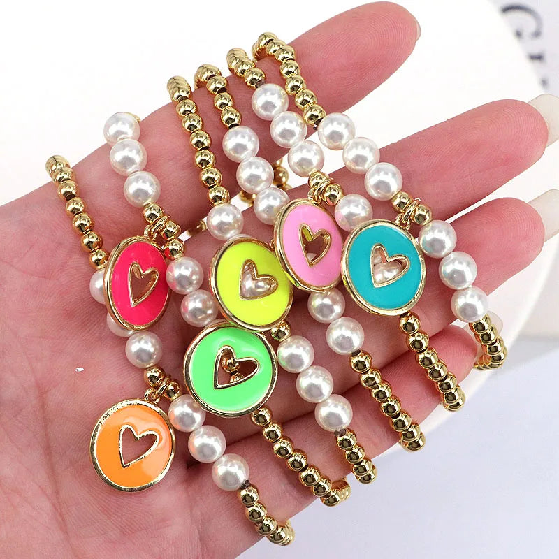 5Pcs Plated Pearl Beads Heart Elastic Bracelet Women's Jewelry Gift
