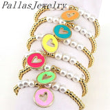 5Pcs Plated Pearl Beads Heart Elastic Bracelet Women's Jewelry Gift