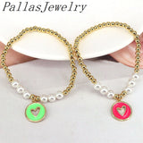 5Pcs Plated Pearl Beads Heart Elastic Bracelet Women's Jewelry Gift