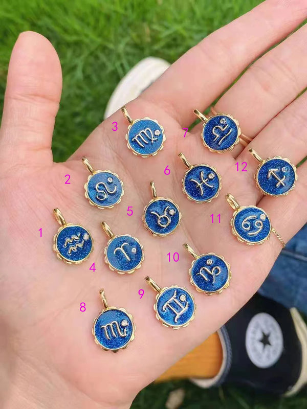 Enamel Round 12 Constellation Charm Pendant Necklace Chain Choker for Women