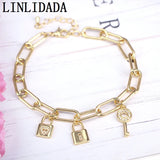 Micro Pave Cz Key Lock Link Chain Bracelet, Padlock Bracelet Linked Chain Bangle