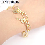 Micro Pave Cz Key Lock Link Chain Bracelet, Padlock Bracelet Linked Chain Bangle