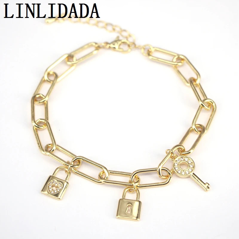 Micro Pave Cz Key Lock Link Chain Bracelet, Padlock Bracelet Linked Chain Bangle