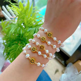 5Pcs Brass Smiley Beads Bracelet Freshwater Pearl Smile Charm Elastic