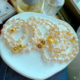 5Pcs Brass Smiley Beads Bracelet Freshwater Pearl Smile Charm Elastic