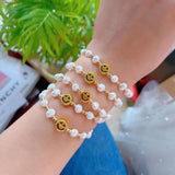 5Pcs Brass Smiley Beads Bracelet Freshwater Pearl Smile Charm Elastic
