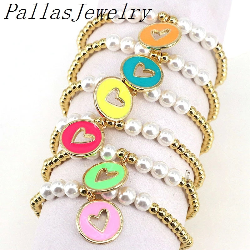 Colorful Heart-Shaped Charms Bracelet Pearl Beads Women's Jewelry Gift
